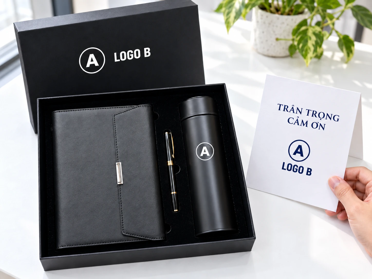 Bình mang biểu trưng A, hộp và thiệp có A cùng LOGO B giả định
