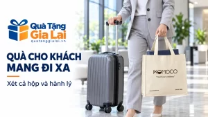 Khách vừa kéo vali vừa cầm túi MOMOCO chứa một hộp quà