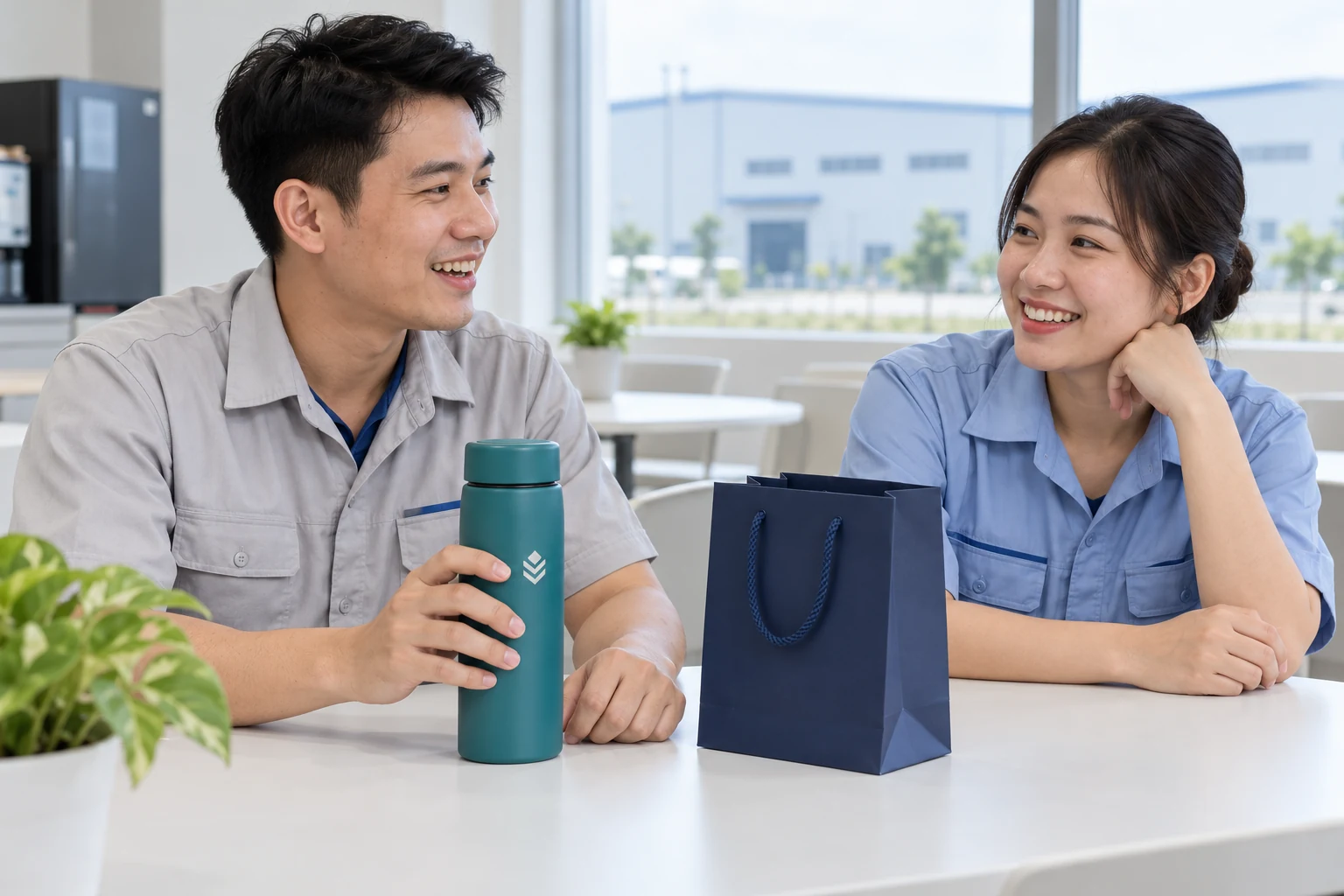 Cảnh tạo hai đồng nghiệp trò chuyện với bình và túi quà tại phòng nghỉ riêng