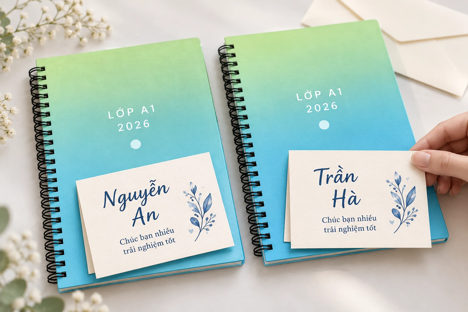 Hai cuốn sổ cùng dấu Lớp A1 2026, thiệp lần lượt ghi Nguyễn An và Trần Hà