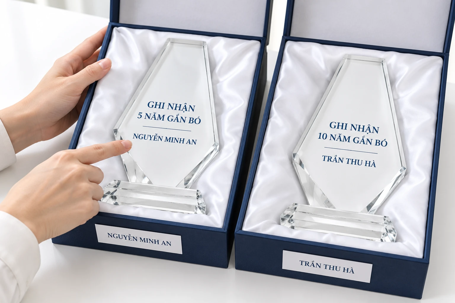Hai biểu trưng giả định có tên và mốc khác nhau, nhãn hộp giữ đúng tên tương ứng