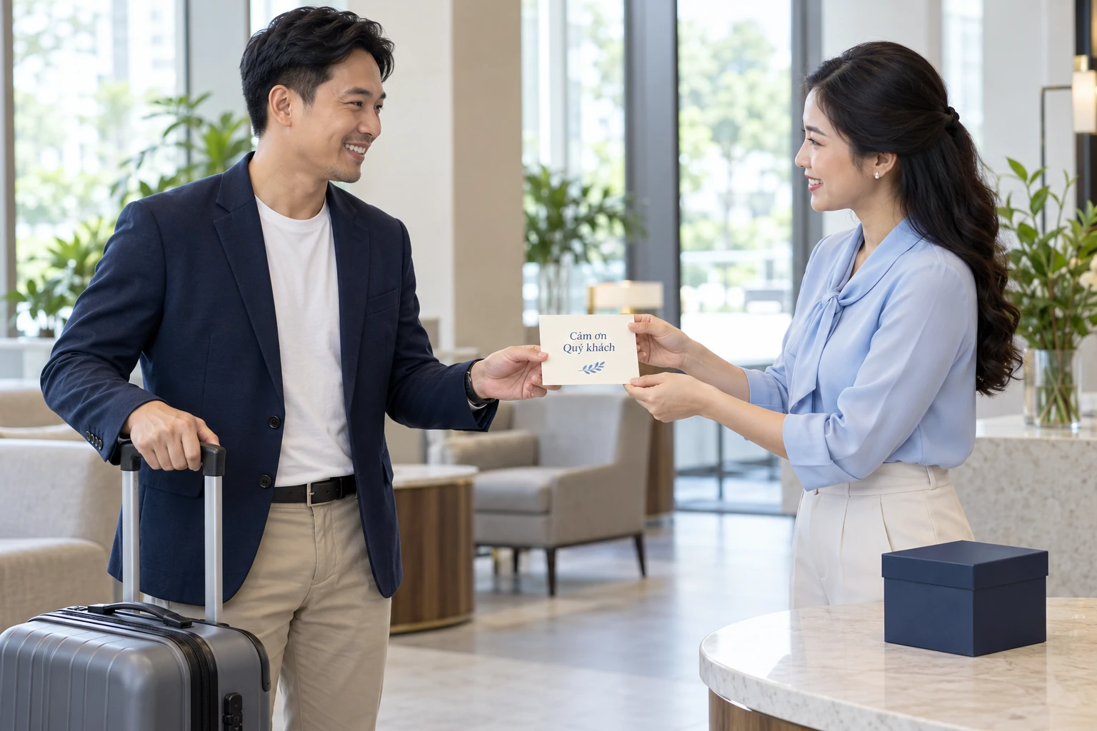 Khách cầm vali nhận thiệp, hộp quà vẫn ở bàn phía người trao
