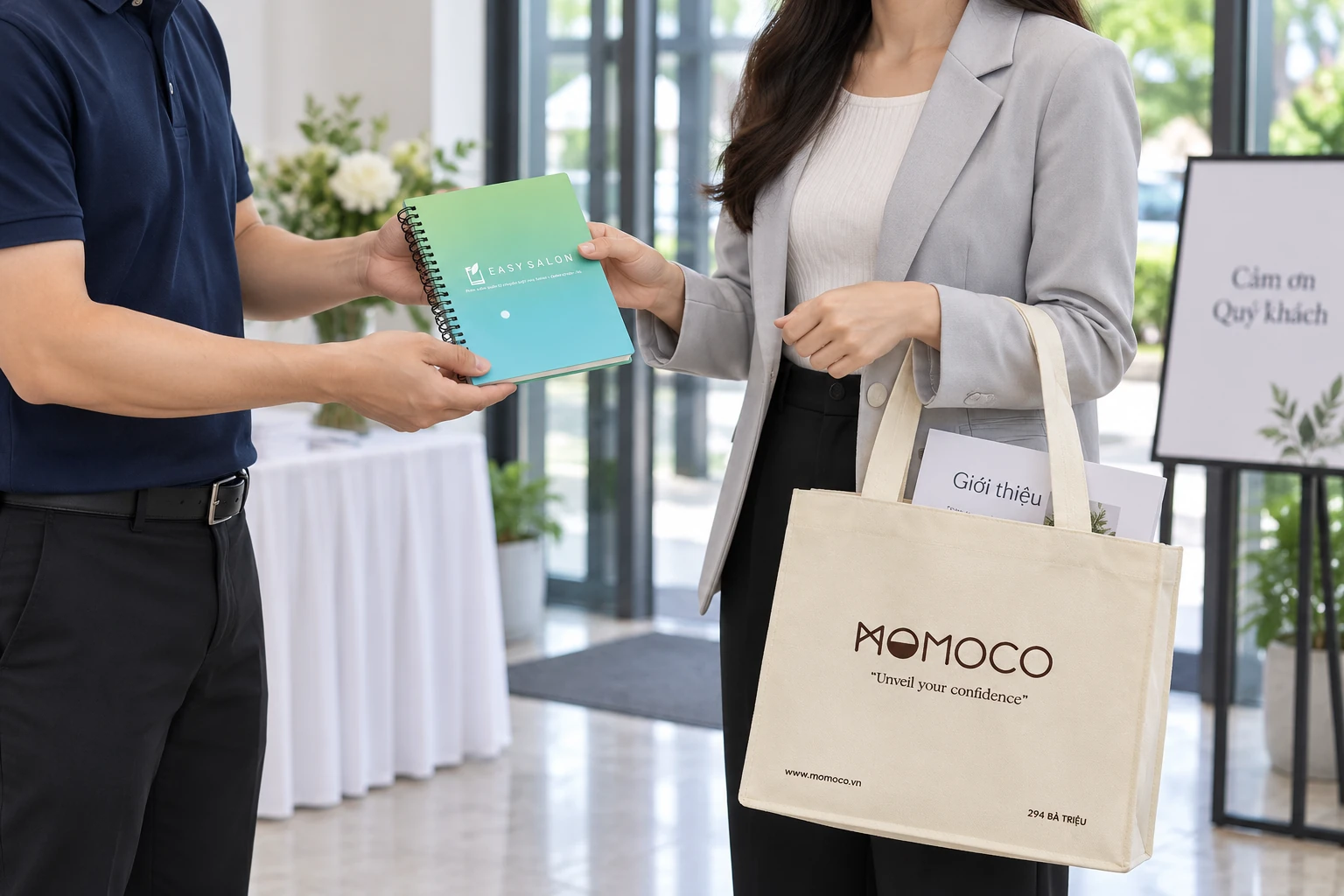 Khách đang mang túi có tài liệu nhận thêm một cuốn sổ lúc ra về