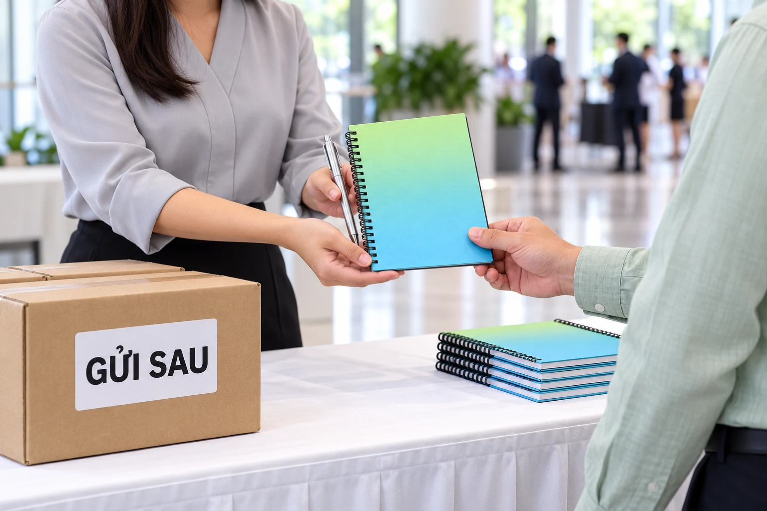 Cảnh trao sổ cho người dự hội nghị, bên cạnh là nhóm kiện được giữ gửi sau