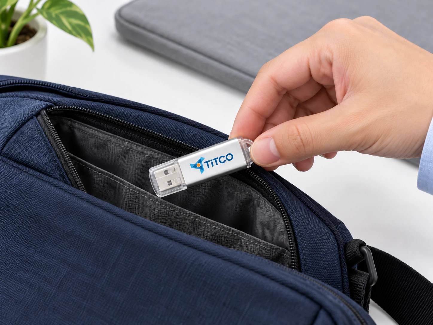 Cảnh minh họa cất USB kim loại có nắp trong vào ngăn túi đi làm