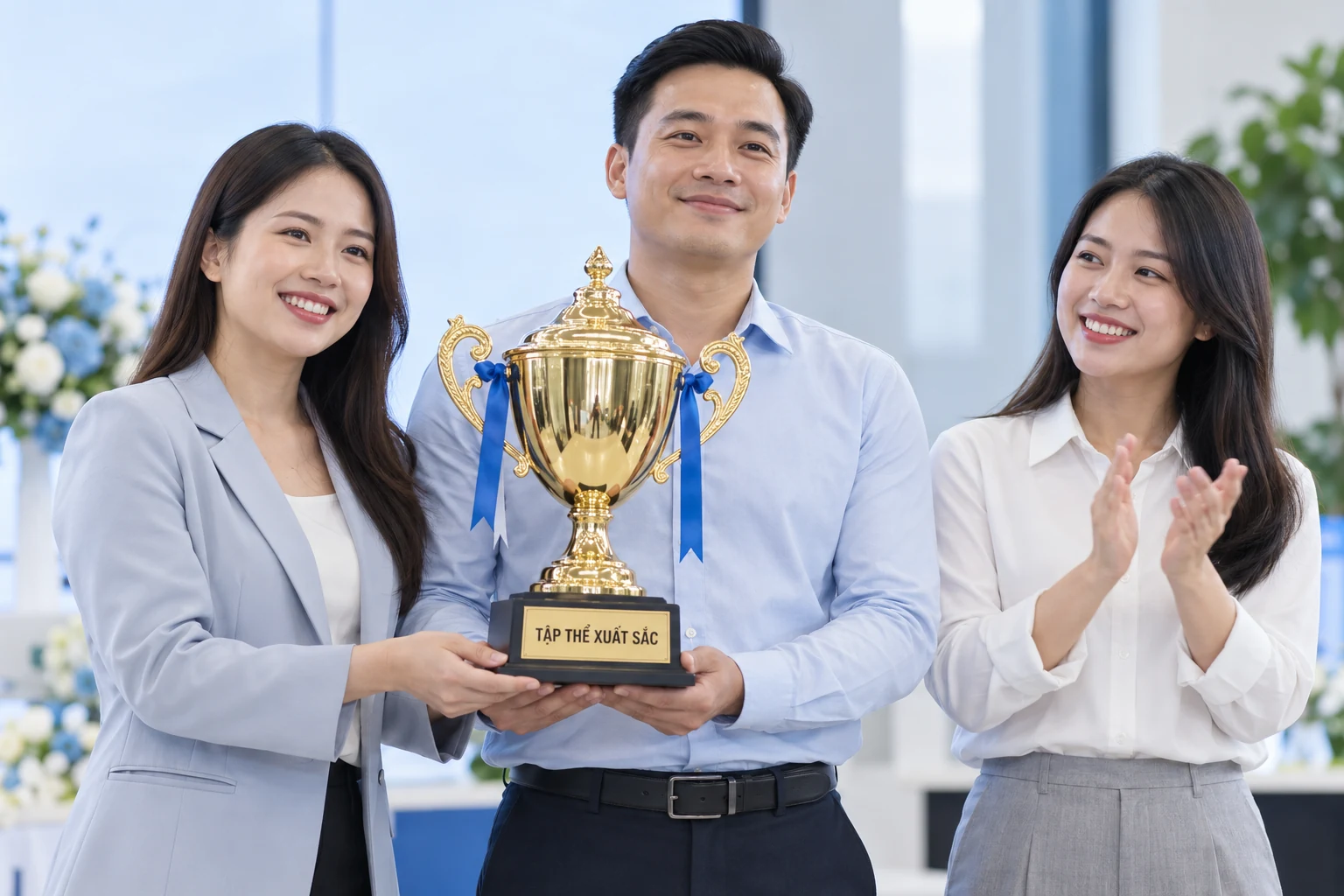 Cảnh tạo ba đồng nghiệp nhận chung một cúp ghi Tập thể xuất sắc