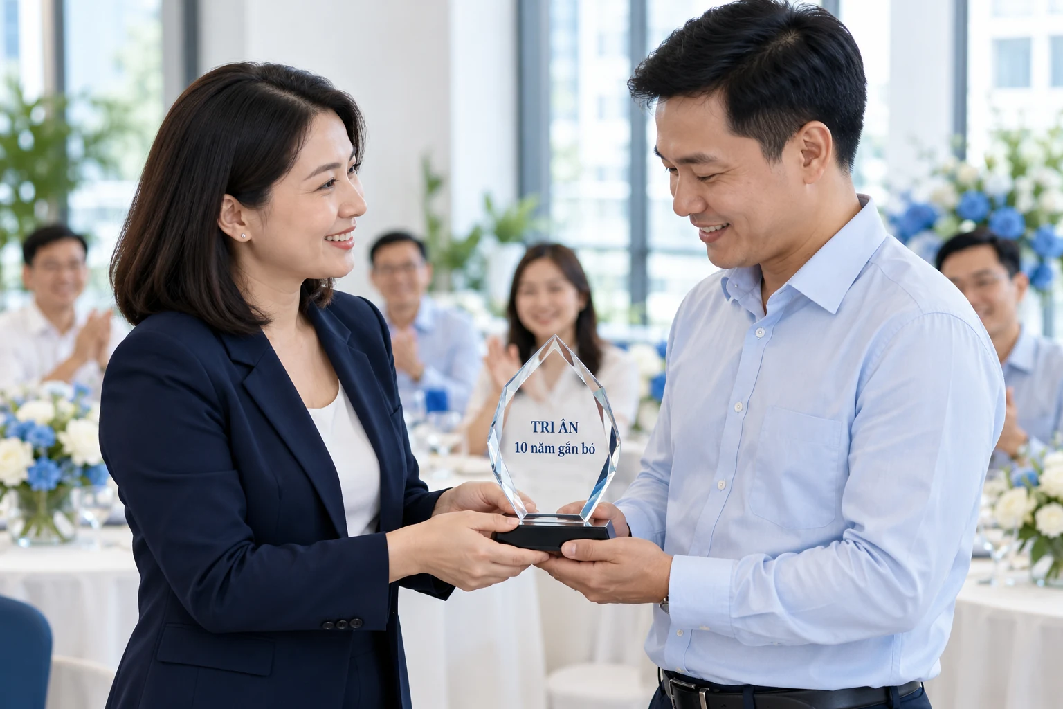 Cảnh tạo hai người trao kỷ niệm chương ghi Tri ân, 10 năm gắn bó
