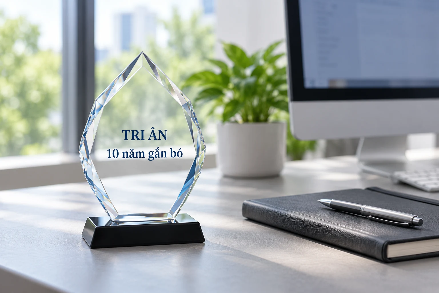 Kỷ niệm chương minh họa đặt cạnh sổ và bút trên bàn làm việc sáng