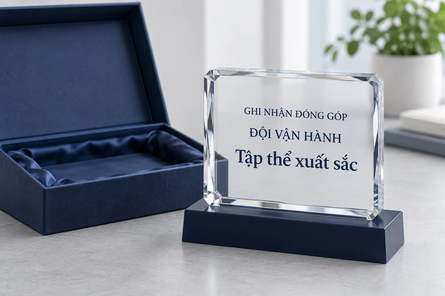 Cảnh tạo kỷ niệm chương có ba dòng ghi nhận đóng góp, đội vận hành và tập thể xuất sắc
