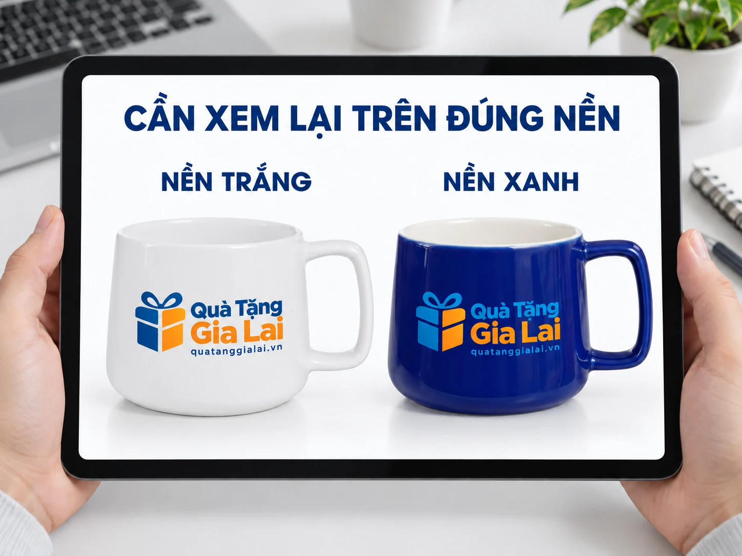 Bản xem kỹ thuật số logo xanh cam trên cốc nền trắng và nền xanh