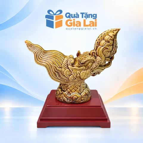 Tượng rồng bay S3 men vàng nâu trên đế nâu đỏ