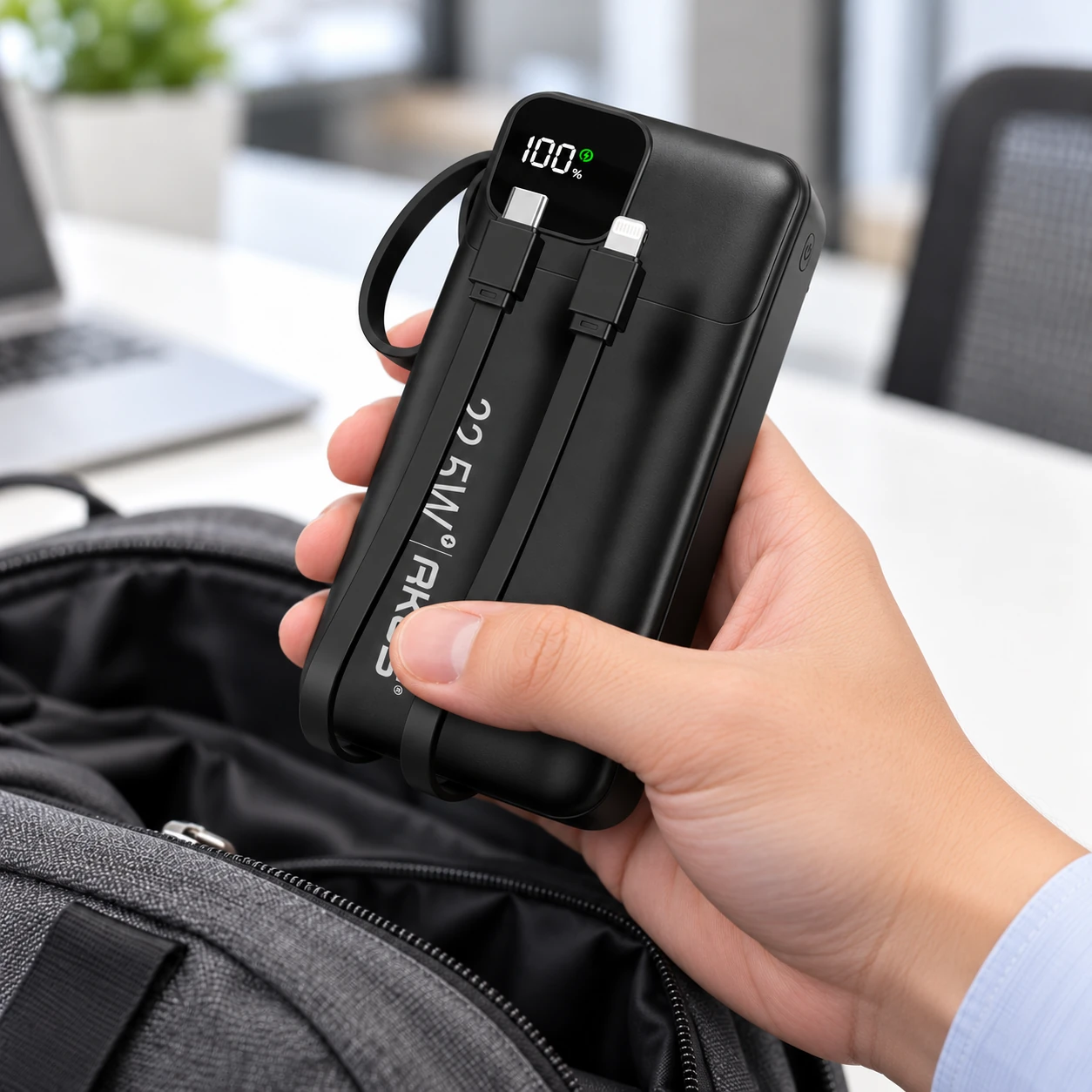 Cầm sạc AKUS A20 Pro cạnh túi đi làm với hai dây được xếp lại