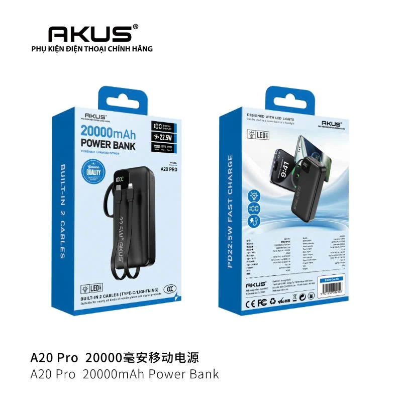 Hai mặt hộp AKUS A20 Pro ghi 20000 mAh và hai dây Type-C Lightning