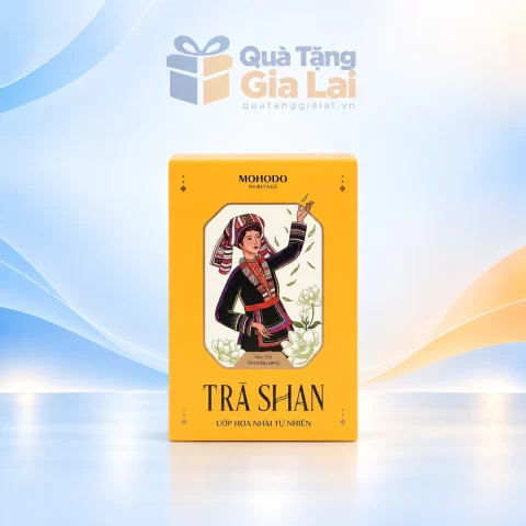 Hộp trà Shan hoa nhài MOHODO màu vàng trên nền Quà Tặng Gia Lai